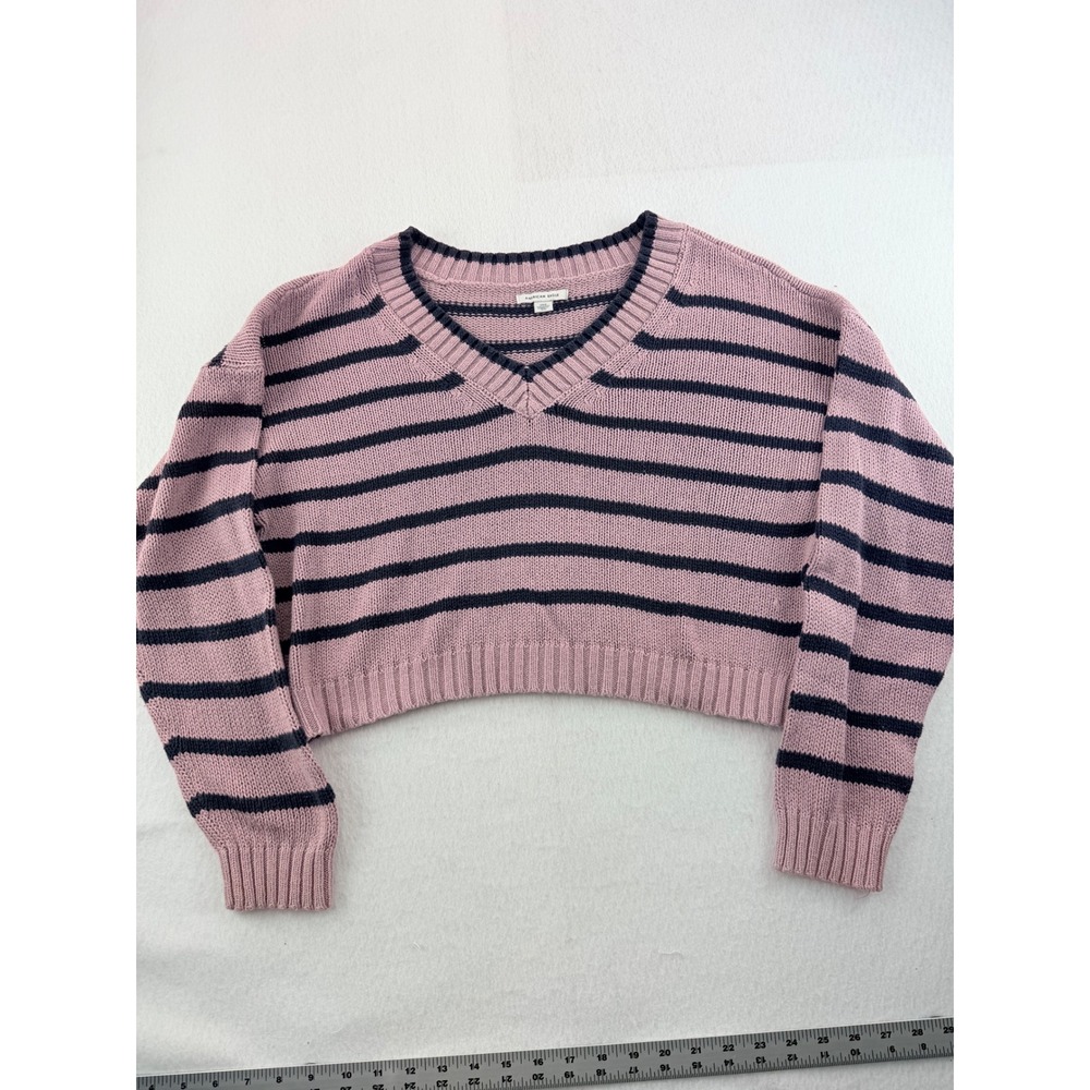 American Eagle Pink Navy Blue Striped V-Neck Cropped Knit Sweater Womens Large